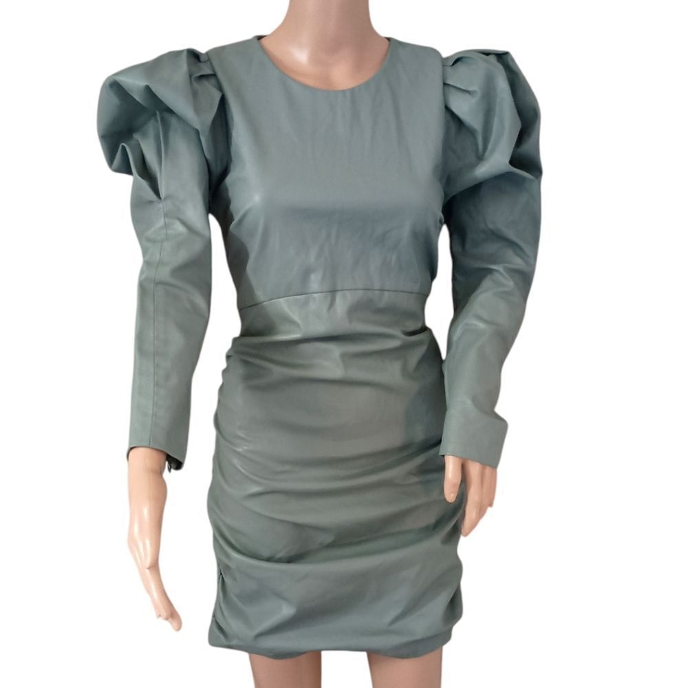 Zara Faux Leather Dress L Sexy Ruched Blogger Puff Sleeves Bodycon Avant Garde - Picture 2 of 16